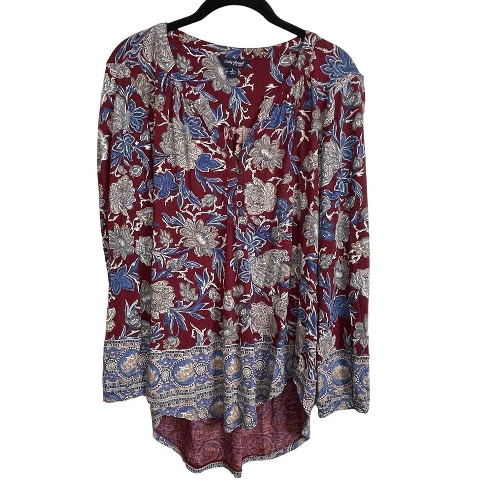 Lucky Brand‎ L Maroon Blue Floral Popover Top 3/4 Sleeve High Low Hem